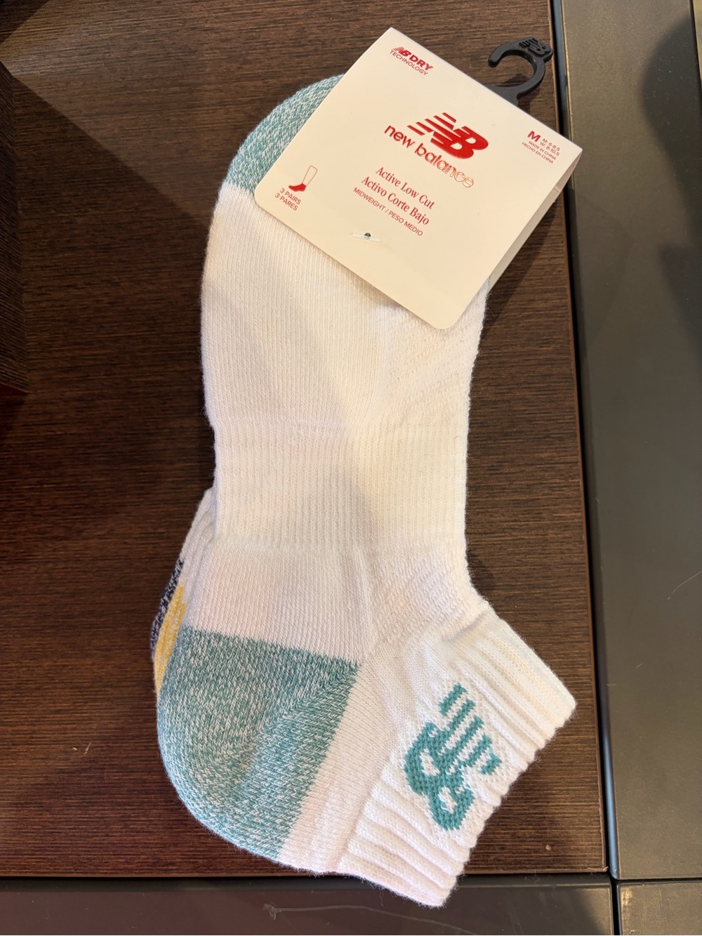 New Balance Low-Cut Socks in White with Teal and Yellow Accents 3 pairs